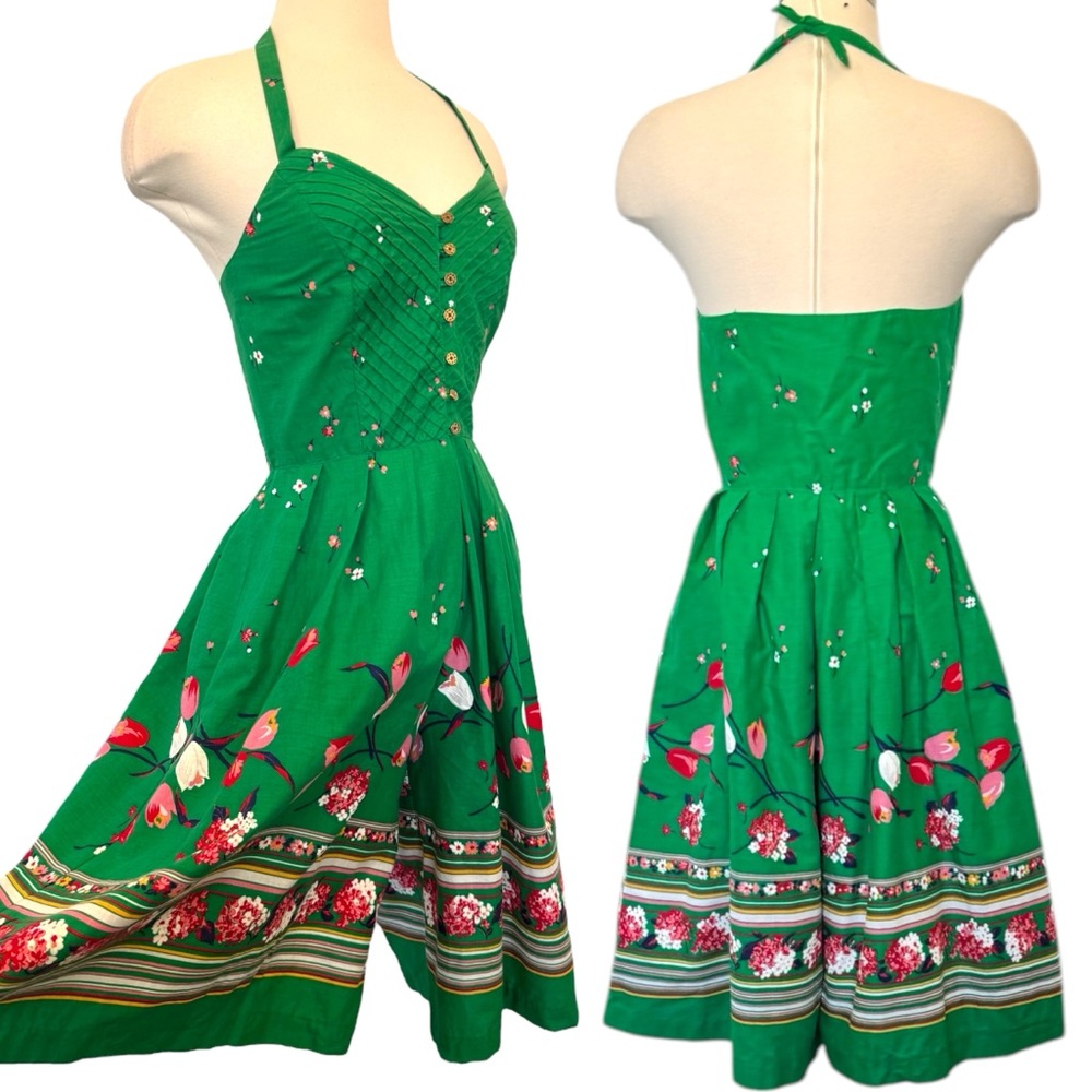 Vintage Act I Fit & Flare Green Floral Pintuck Corset 70s Romper Dress Playsuit